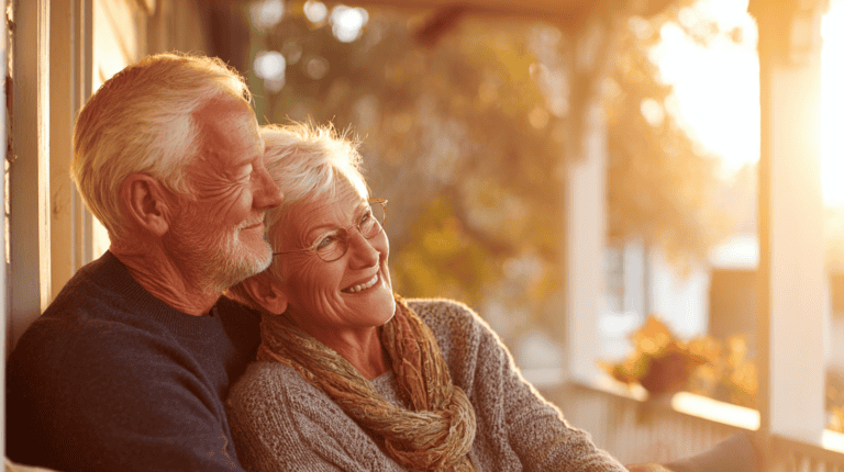 Older couple enjoying values for a fulfilling retirement together on their porch