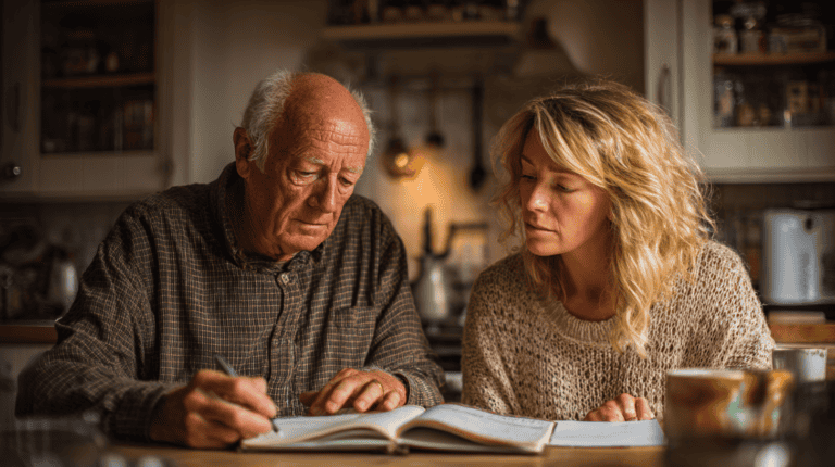 Adult daughter discussing memory concerns in older adults with her elderly father at home