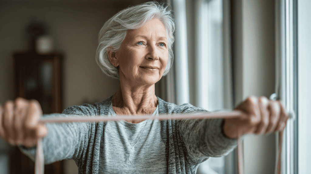 Older woman doing resistance band exercises at home to show how to age well