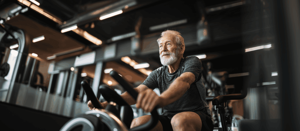 Senior man using a stationary bike at the gym, demonstrating low-impact cardio exercise that protects aging joints