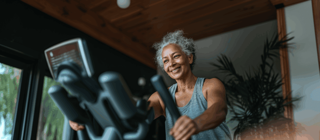 Senior woman smiling while using an elliptical machine at home, demonstrating low-impact cardio exercise that is easy on aging joints