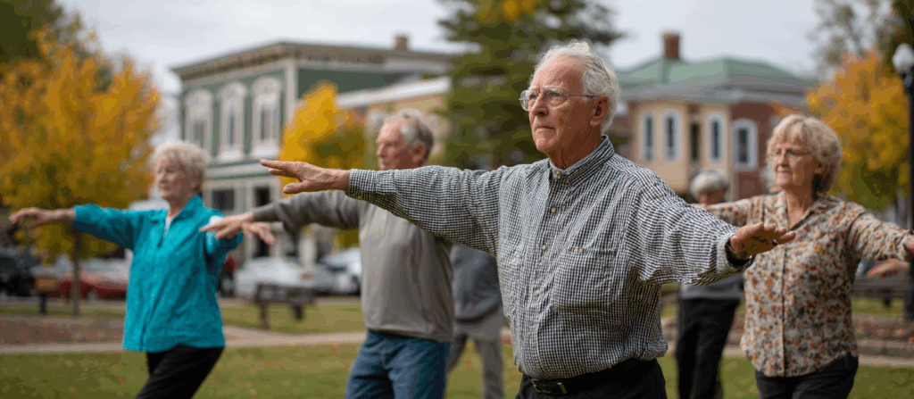 Group of seniors doing tai chi outdoors in a park during autumn, demonstrating low-impact exercise that improves balance and protects aging joints