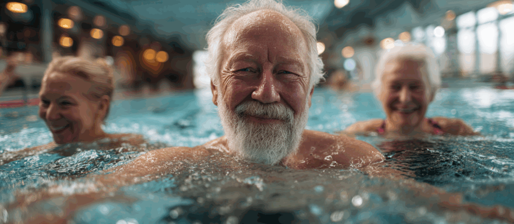 Group of seniors smiling while swimming in an indoor pool, illustrating water aerobics as a low-impact cardio workout for aging joints