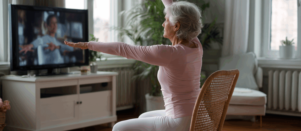 Senior woman doing seated chair exercises at home following an online workout video, demonstrating low-impact cardio for aging joints