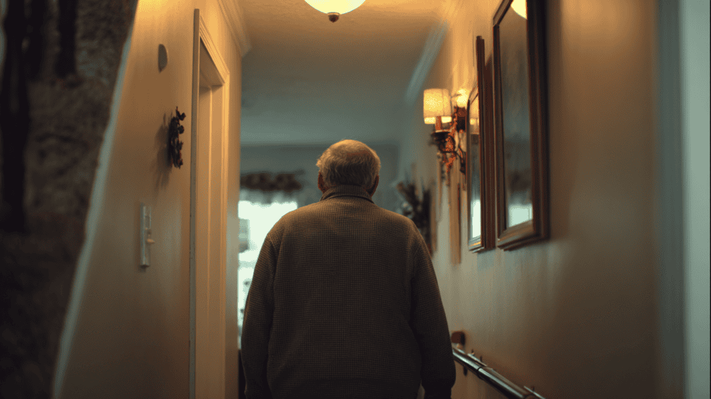 Older man walking thoughtfully through a bright home hallway with a grab bar visible on the wall