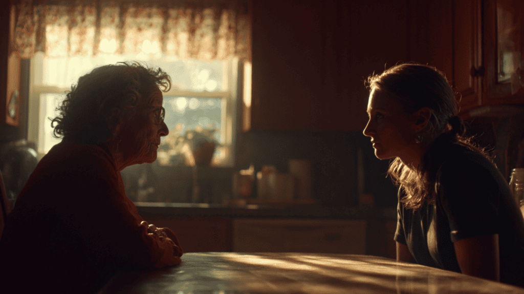 Older woman having a calm conversation with her adult daughter at a sunlit kitchen table
