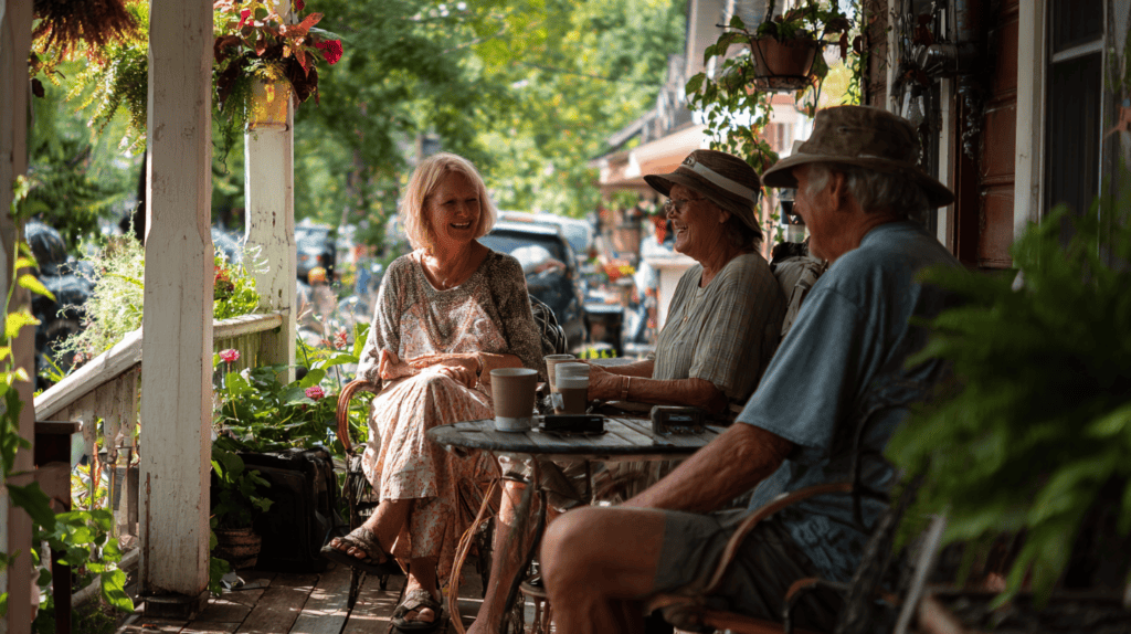 Three older adults laughing and talking over coffee together on a sunny porch
