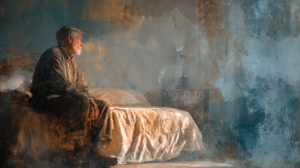 Senior man sitting on the edge of his bed concerned about dementia