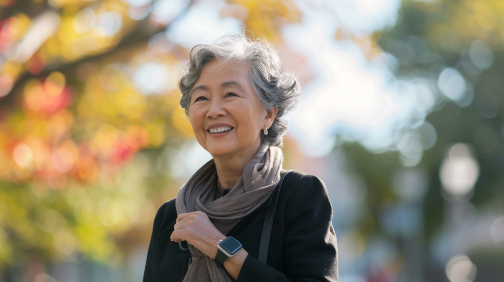 Confident senior woman walking outdoors wearing personal safety device representing independent living
