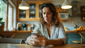 Adult daughter sitting at kitchen table with worried expression concerned about aging parent safety