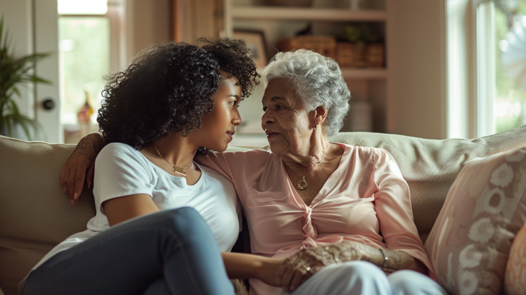 Adult daughter having caring conversation with elderly mother about personal safety and independence