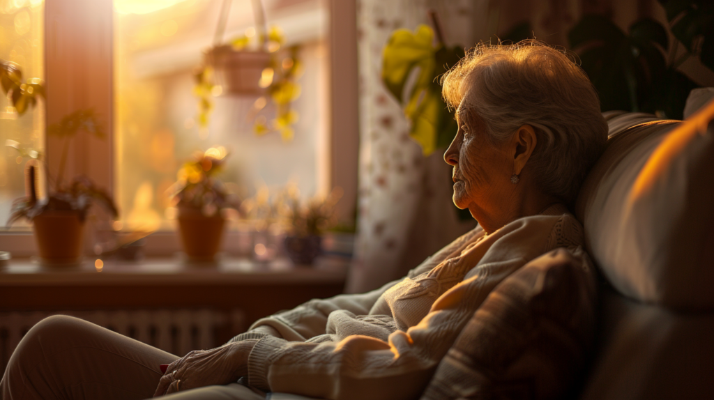 Elderly woman sitting alone at home looking out window representing senior living alone safety concerns