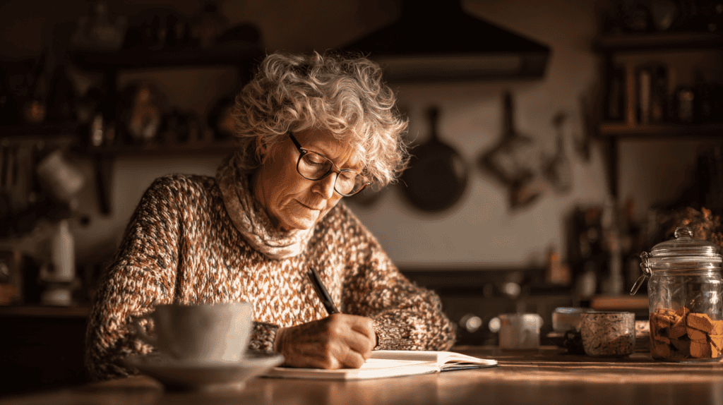 A senior woman writing notes in a journal at her kitchen table with reading glasses and a cup of tea nearb