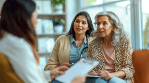 Adult daughter and elderly mother meeting with a patient advocate in a doctor's office