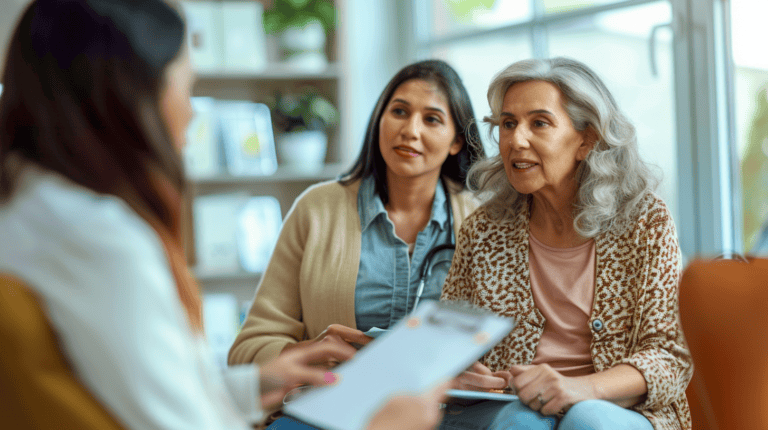 Adult daughter and elderly mother meeting with a patient advocate in a doctor's office