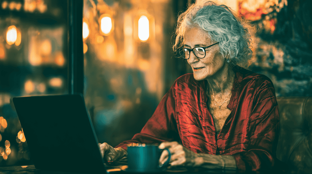 Older woman working on a laptop, representing seniors who continue working while collecting Social Security benefits in 2026