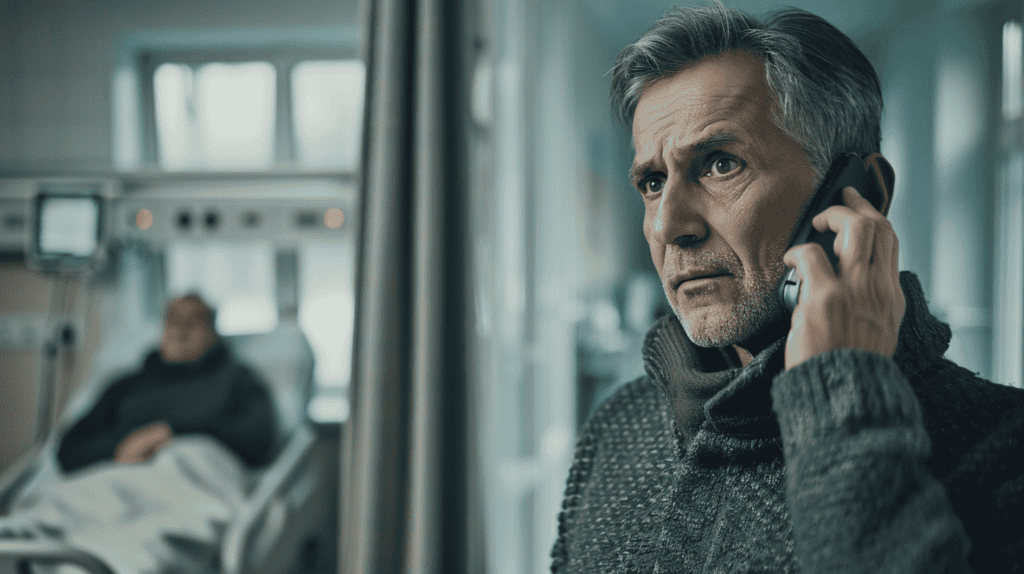 Adult son making a phone call outside a hospital room where his elderly father is a patient
