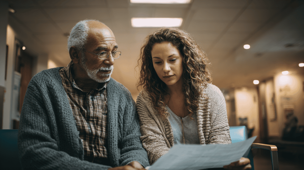 An older man and his adult daughter sitting together in a medical waiting room reviewing paperwork