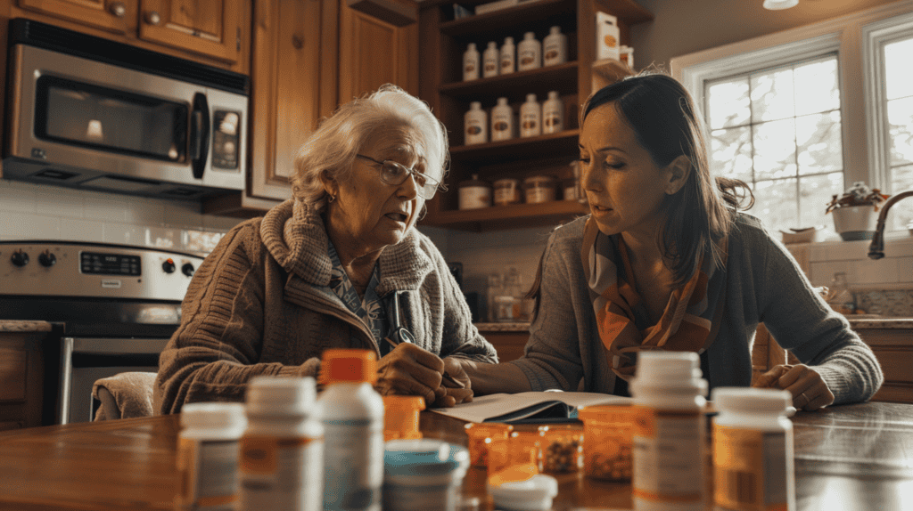 Patient advocate helping an older woman organize her prescription medications at home