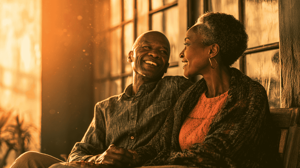 Senior couple enjoying a relaxed moment together on the porch, illustrating the joy of retirement while managing Social Security and Medicare benefits