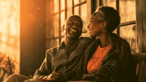 Senior couple enjoying a relaxed moment together on the porch, illustrating the joy of retirement while managing Social Security and Medicare benefits