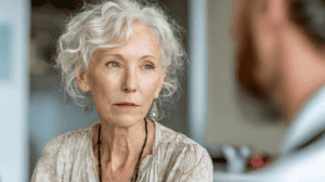 An older adult sitting across from a doctor in a warm exam room, leaning forward with a notepad, expression calm and determined