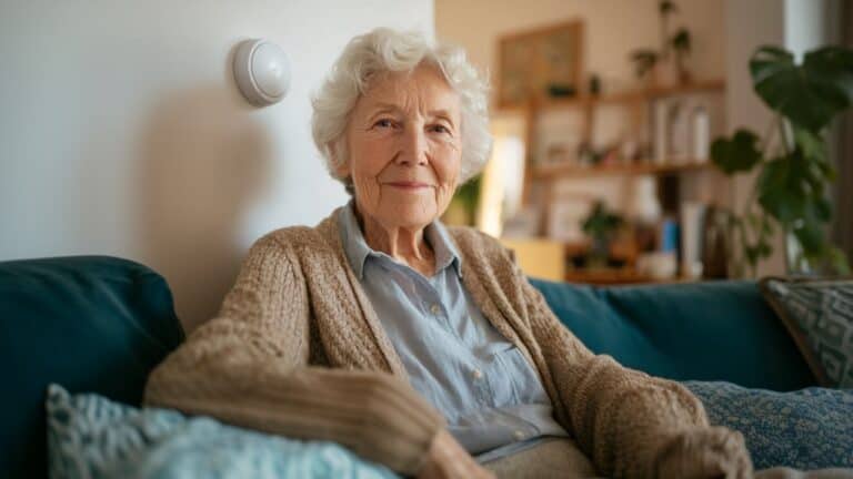 Senior woman at home with in-home monitoring system motion sensor on the wall — best in-home monitoring for seniors living alone