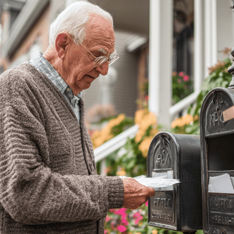 Older man with glasses checking his mailbox on a quiet suburban street