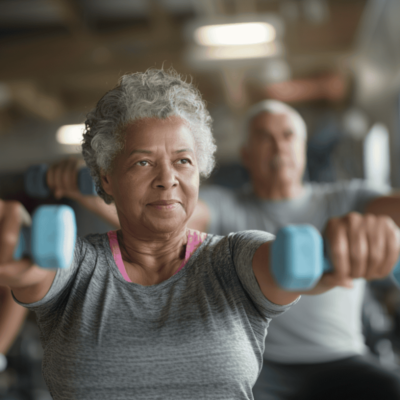 Senior woman leading a group exercise class with light dumbbells, demonstrating low-impact cardio workouts perfect for aging joints
