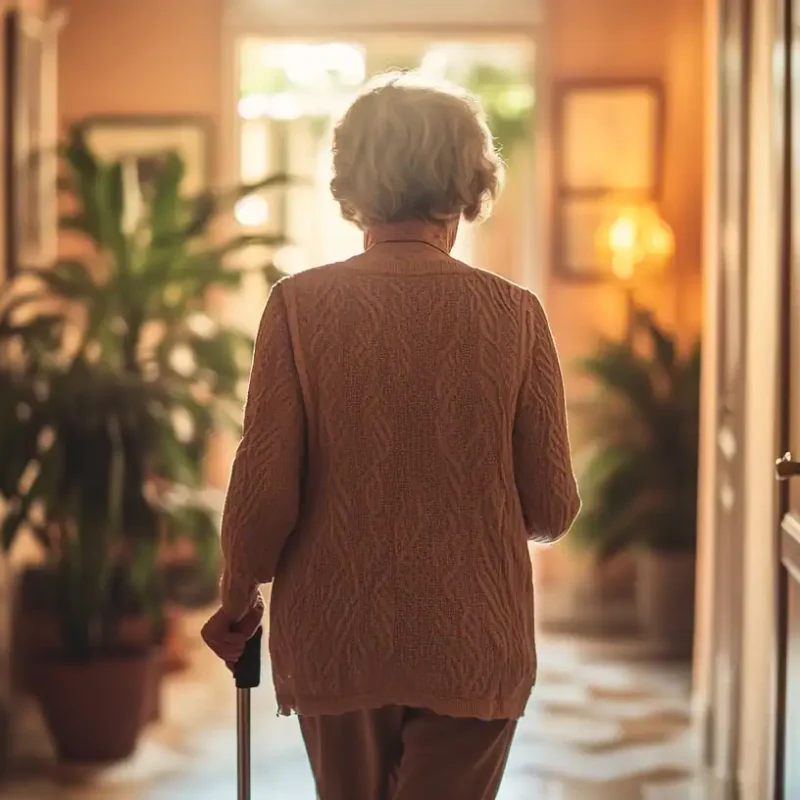 Older woman with a cane walking down a warmly lit home hallway with indoor plants