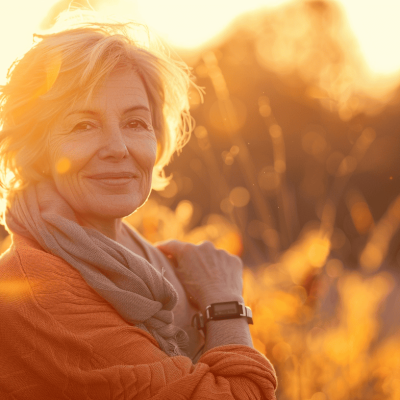 Senior woman smiling outdoors wearing a medical alert wristband in warm golden light