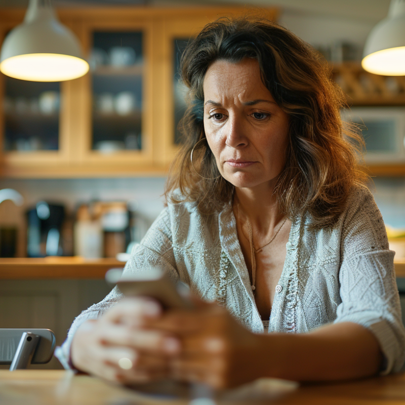 Adult daughter sitting at kitchen table with worried expression concerned about aging parent safety