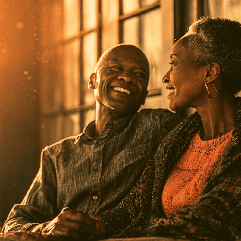 Senior couple enjoying a relaxed moment together on the porch, illustrating the joy of retirement while managing Social Security and Medicare benefits