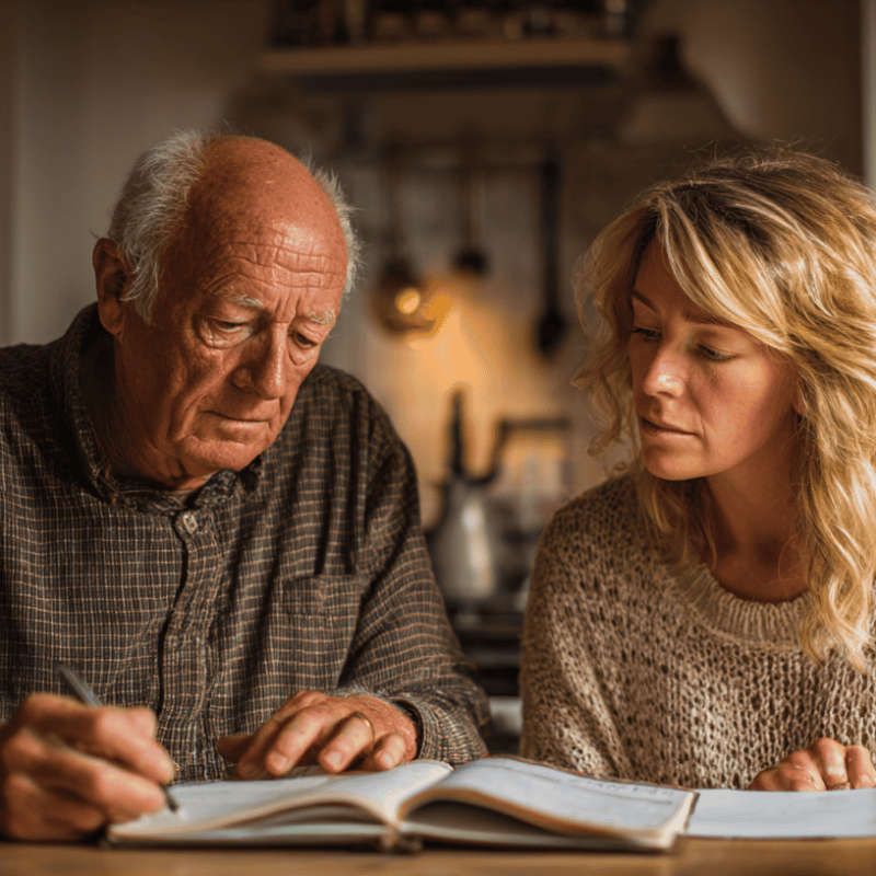 Adult daughter discussing memory concerns in older adults with her elderly father at home