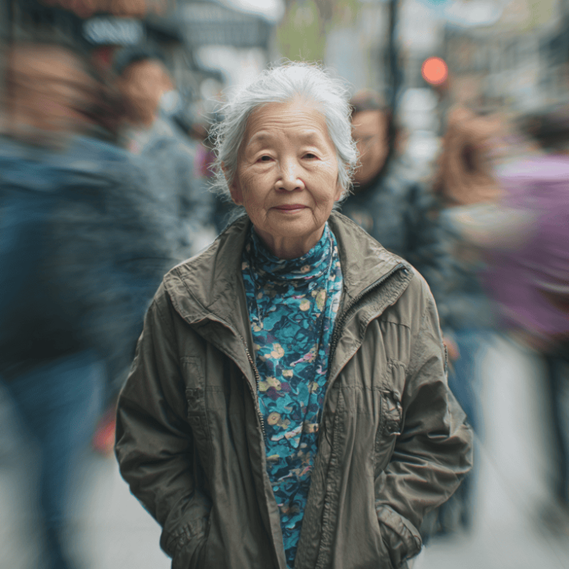 Elderly woman standing calmly on a busy city street surrounded by blurred pedestrians, representing senior independence and confidence in daily life