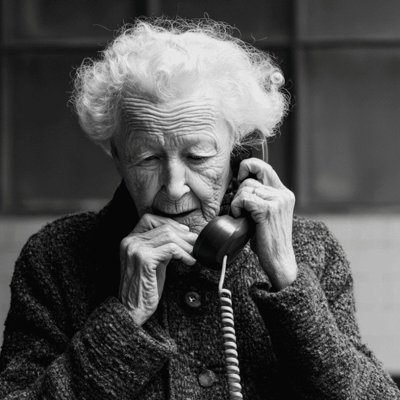 Black and white photo of an elderly woman talking on a landline phone, highlighting senior isolation and the need to stay connected