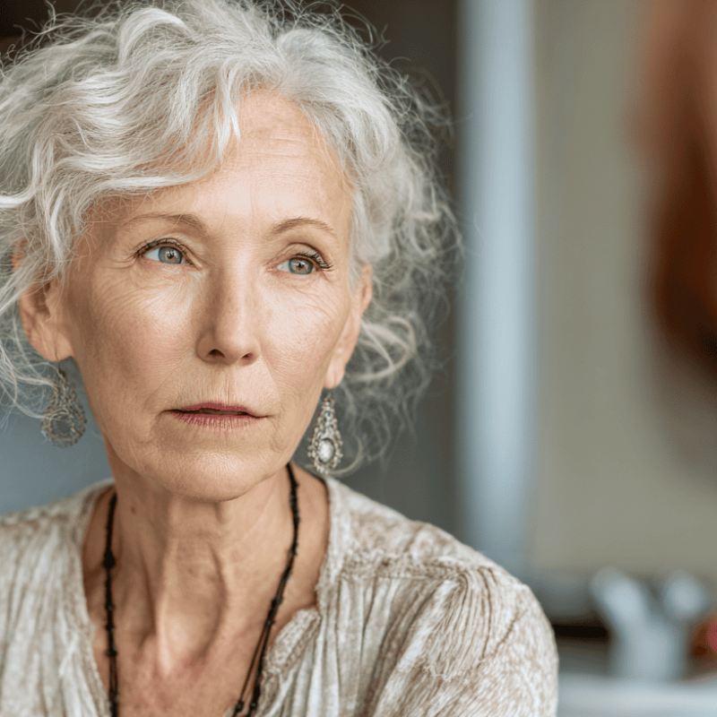 An older adult sitting across from a doctor in a warm exam room, leaning forward with a notepad, expression calm and determined