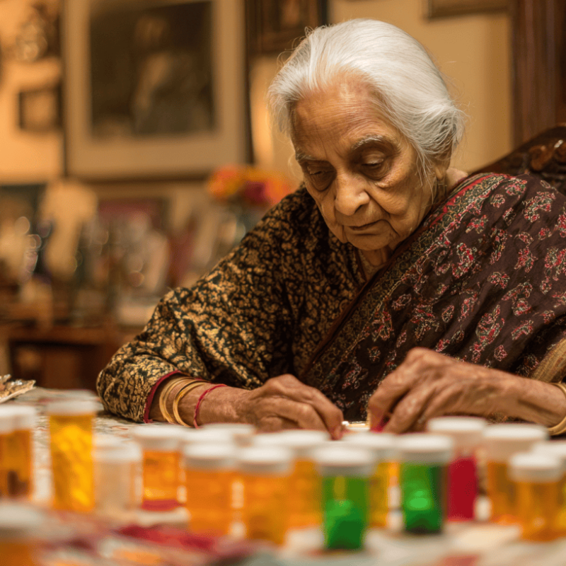 Elderly woman sitting at a table surrounded by multiple prescription medication bottles, highlighting the challenge of managing medications for seniors