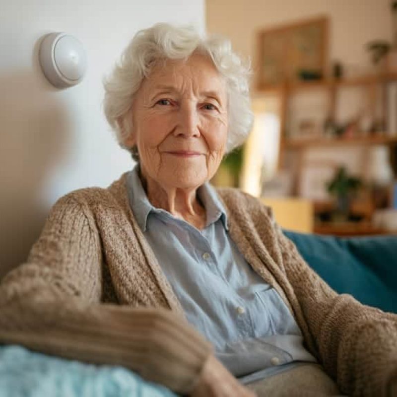 Senior woman at home with in-home monitoring system motion sensor on the wall — best in-home monitoring for seniors living alone